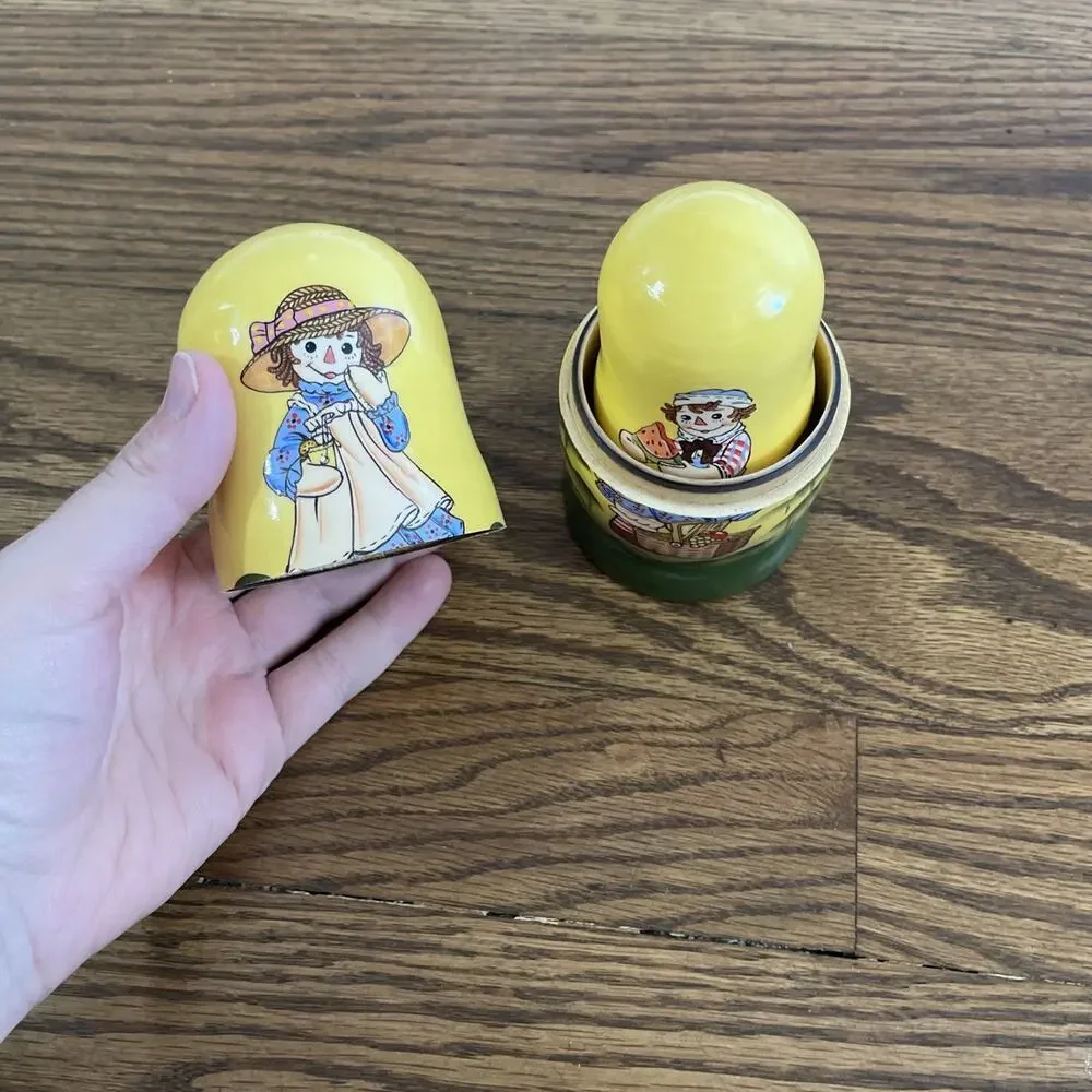 Raggedy Ann Nesting Dolls Russian Golden Cockerel 5 Piece Wooden Hand Painted